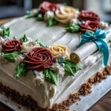 Festive sheet cake decorated with buttercream roses and an edible diploma for graduation celebrations.  