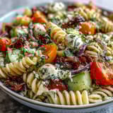 Refreshing pasta salad featuring cherry tomatoes, cucumbers, and Italian dressing, a perfect cold dish for warm weather gatherings.