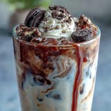 Cold brew coffee with cookies and cream flavor, topped with whipped cream and crushed chocolate cookies in a tall glass.