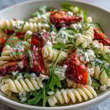 Colorful pasta salad with juicy strawberries, crumbled feta, and peppery arugula, tossed in a light balsamic dressing for a fresh spring meal.
