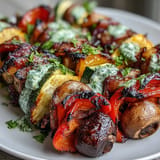Smoky, tender grilled veggie kabobs generously drizzled with herb-packed chimichurri.