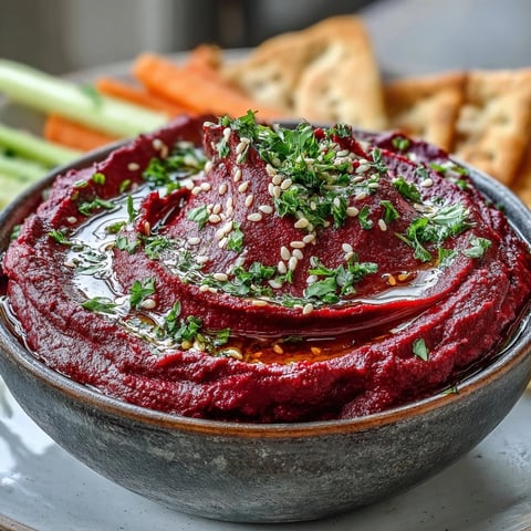 A vibrant bowl of Roasted Beet Hummus, topped with olive oil drizzle and sesame seeds, next to fresh veggies for dipping.