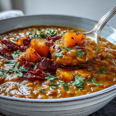A vibrant bowl of creamy butternut squash and lentil soup garnished with fresh cilantro, perfect for a cozy weeknight dinner.