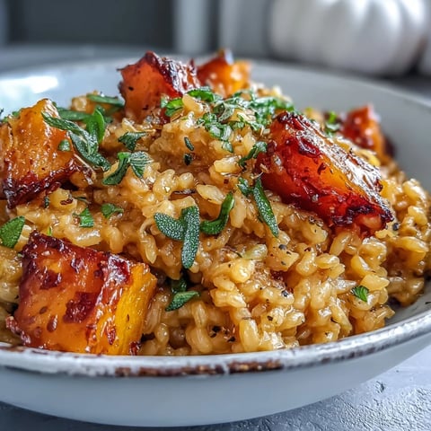 Creamy Vegan Pumpkin Risotto topped with crispy fried sage leaves served in a rustic white bowl, ready to eat.