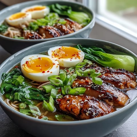 Steaming Healthy Miso Chicken Noodle Bowls with soft-boiled eggs and bok choy in a savory broth.