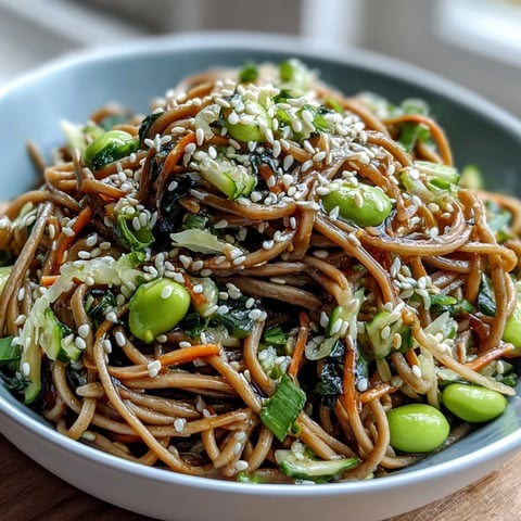 Close-up of a vibrant Soba Noodle Bowl with julienned cucumbers, carrots, edamame, and toasted sesame seeds.