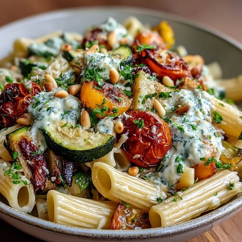 Whole wheat pasta bowl garnished with toasted pine nuts and fresh parsley, served in a rustic ceramic dish.