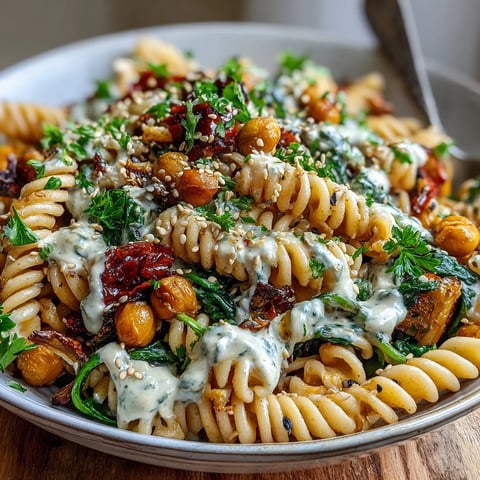 Roasted vegetables and creamy tahini sauce top a warm bowl of chickpea pasta for a wholesome meal.
