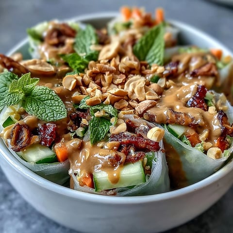 A colorful rice paper roll bowl with fresh vegetables, herbs, and peanut sauce for a vibrant, healthy meal.  