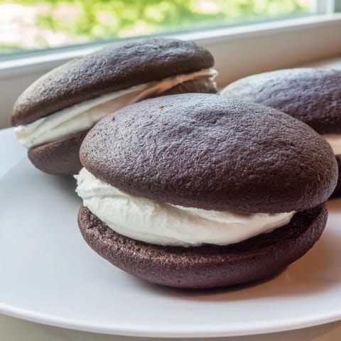 A close-up shot of rich, chocolatey Whoopie Pies, perfectly paired and filled with fluffy, white cream.