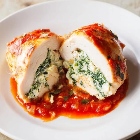 Spinach Ricotta Stuffed Chicken served hot in a cast-iron skillet, garnished with fresh basil and ready for a family dinner.