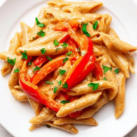 Close-up of creamy Cajun pasta showing velvety sauce coating penne noodles with Parmesan.
