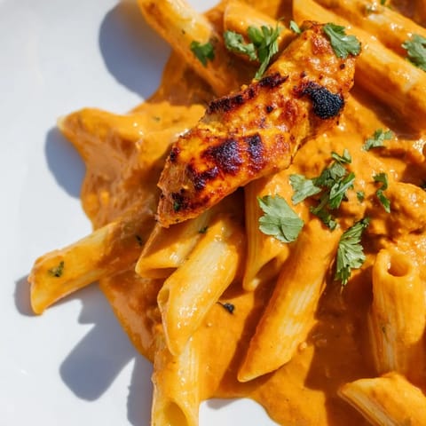 A vibrant bowl of Chicken Tikka Pasta, garnished with fresh cilantro, ready to serve as a weeknight fusion dinner.