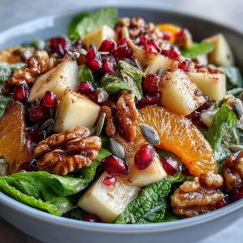 Fresh Pomegranate and Walnut Salad served with orange segments, pumpkin seeds, and mint, offering a colorful, crunchy, refreshing bite for winter gatherings.