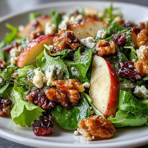 Freshly prepared Apple and Walnut Salad in a rustic bowl highlights green arugula, tender spinach, and crumbled blue cheese for a festive winter appetizer.  
