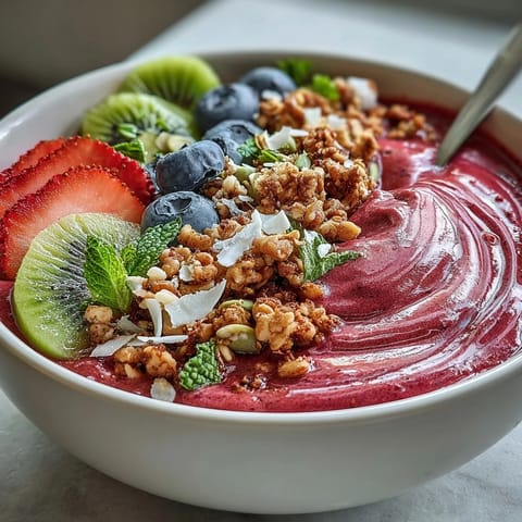 Close-up view of the Beet and Berry Smoothie Bowl with creamy texture, chia seeds, and colorful fruit garnish.  