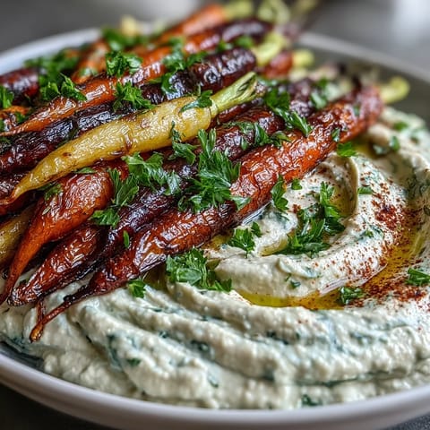 Oven-roasted rainbow carrots with creamy hummus, a vibrant and healthy appetizer.