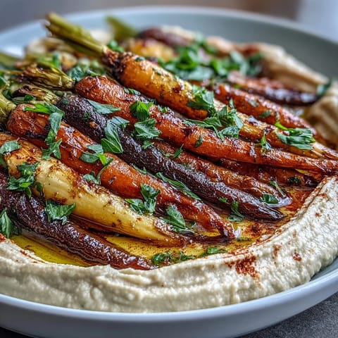 Colorful roasted rainbow carrots artfully arranged with smooth, tahini-spiked hummus dip.