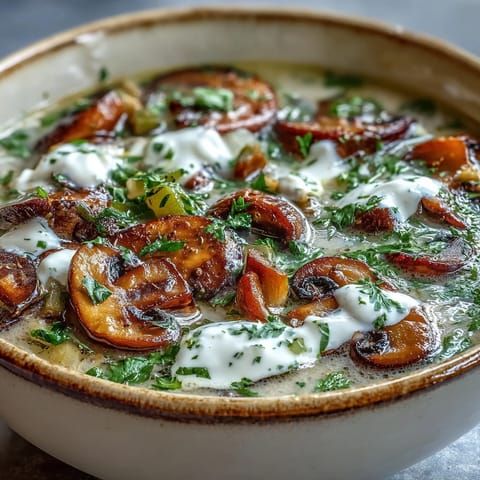 Steam rising from a bowl of Creamy Mushroom Stroganoff Soup, featuring golden sautéed mushrooms and a rich, velvety broth.