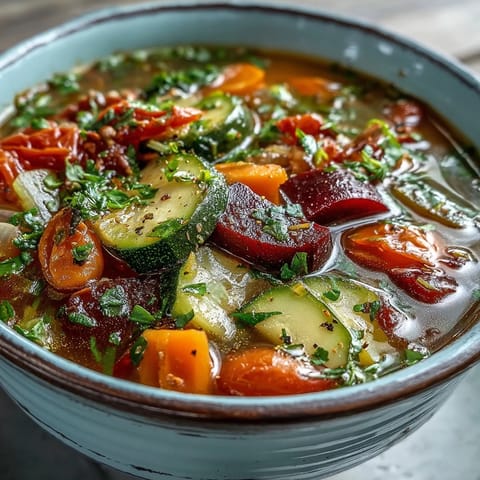 Brightly colored Rainbow Vegetable Detox Soup garnished with fresh parsley, served warm with a slice of crusty whole-grain bread.