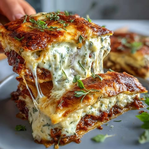 A close-up of One-Pan Smoky Veggie Lentil Lasagne, showcasing golden bubbly mozzarella and Parmesan on lasagne sheets above rich, smoky vegetable bolognese with lentils, mushrooms, and courgettes.
