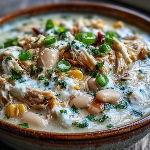 A ladle of White Chicken Chili served with lime wedges, cilantro, and shredded Monterey Jack.