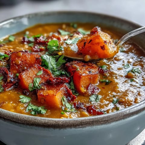 Golden roasted butternut squash and red lentils blend into a hearty, aromatic soup, served with a lemon wedge for bright flavor.