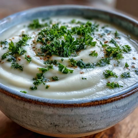 The velvety texture of creamy vegetable soup shines with blended carrots, potatoes, and broccoli in this nourishing vegetarian bowl.  