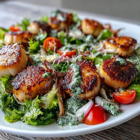 Elegant Seared Scallops With Escarole Salad drizzled with bright green pesto vinaigrette.