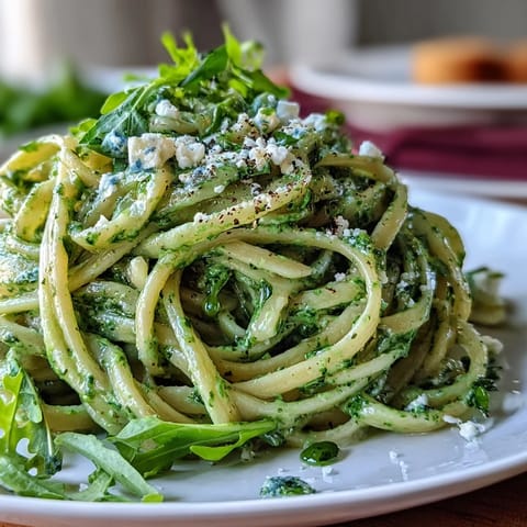 Steaming bowls of nut-free linguine with arugula pesto served with lemon wedges and fresh arugula.