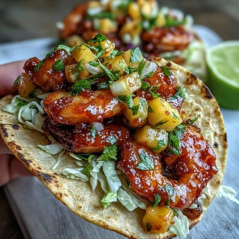 Sriracha Shrimp Tacos with Mango Salsa filled with grilled shrimp, red cabbage, and fresh mango salsa in warm corn tortillas.