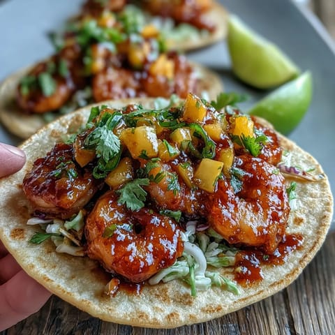 Spicy and sweet Sriracha Shrimp Tacos with Mango Salsa topped with juicy shrimp, chopped cilantro, and lime wedges on a plate.