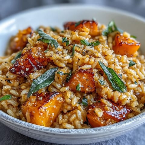 Golden Vegan Pumpkin Risotto with tender pumpkin chunks and aromatic sage garnish on a wooden table, perfect for fall.