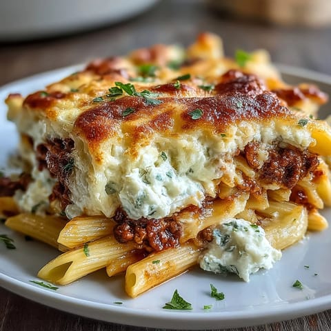 Close-up of golden, bubbling mozzarella topping the Cottage Cheese Protein Pasta Bake with Ground Beef, served steaming from the oven.