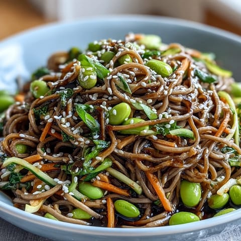 Overhead view of a Soba Noodle Bowl drizzled with sesame dressing, garnished with fresh herbs on a rustic table.