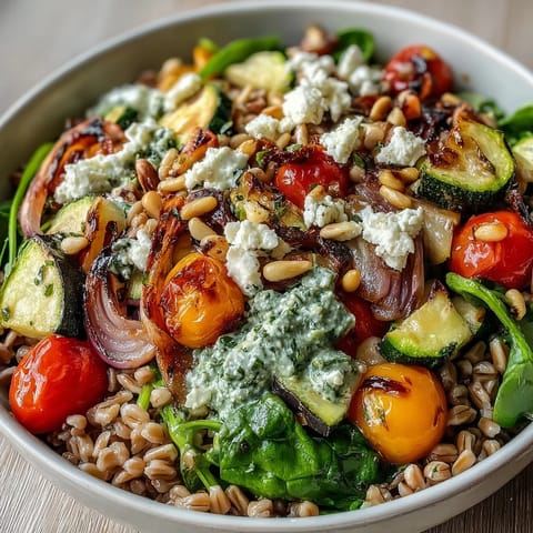 Colorful Farro Pasta Bowl topped with crumbled feta, toasted pine nuts, and fresh parsley on a white plate.