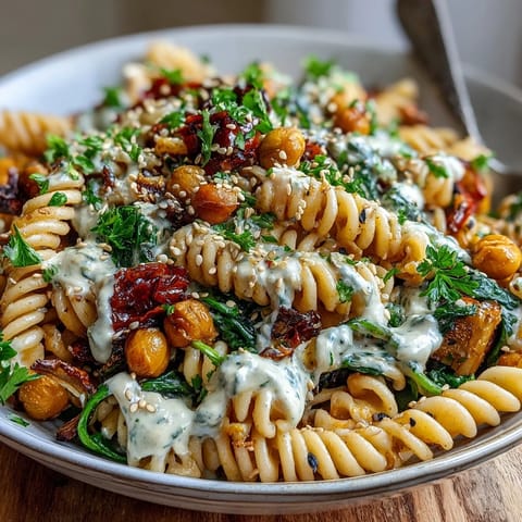 Roasted vegetables and creamy tahini sauce top a warm bowl of chickpea pasta for a wholesome meal.