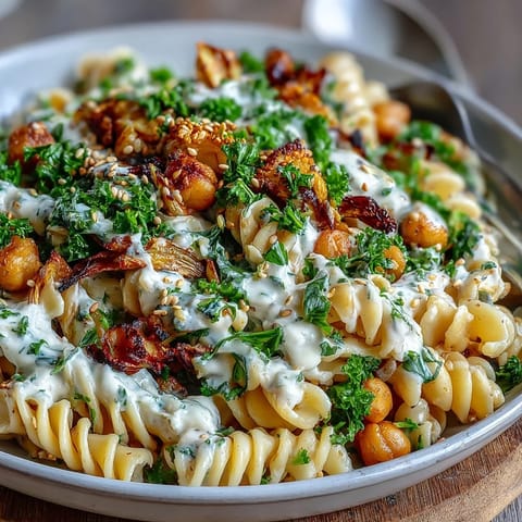 A vibrant bowl of chickpea pasta with zucchini, red bell pepper, and fresh parsley garnish.