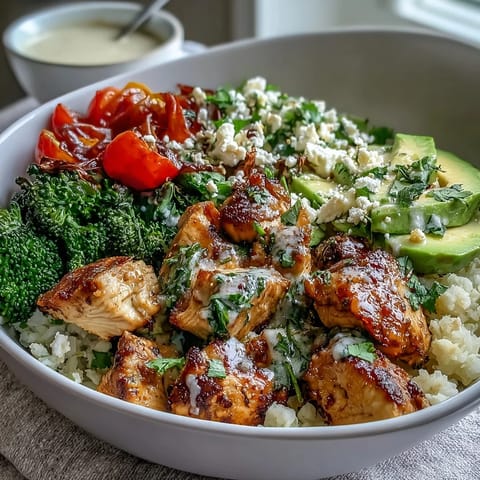 Colorful low-carb Cauliflower Rice Bowl with chicken, avocado, and fresh veggies.