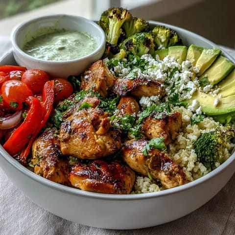 Healthy Cauliflower Rice Bowl topped with feta and herbs, ready to serve.