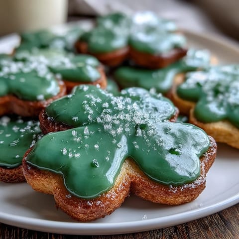 Festive St. Patrick's Day shamrock sugar cookies decorated with vibrant green royal icing and festive sprinkles.