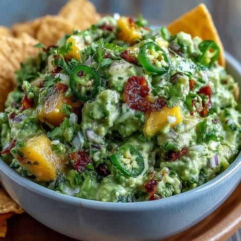 Vibrant guacamole with mango and jalapeño, perfect for Cinco de Mayo parties and festive snacking.  