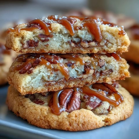 Buttery homemade cookies featuring crunchy pecans and ribbons of caramel, baked golden and ready to enjoy warm.  