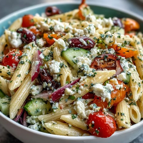 A colorful Greek pasta salad with olives and feta, tossed with crisp vegetables and a tangy Mediterranean dressing.