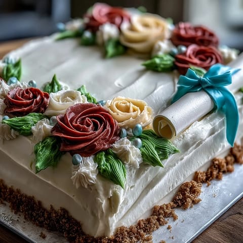 Festive sheet cake decorated with buttercream roses and an edible diploma for graduation celebrations.  