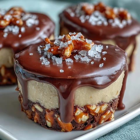 Chocolate-Covered Peanut Butter Cups with Pretzel Crust: salty pretzel crunch meets smooth peanut butter filling under a glossy chocolate topping.  