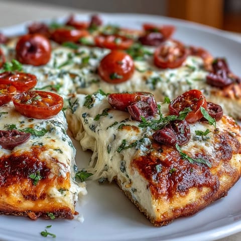 Golden cottage cheese flatbread pizza with bubbling mozzarella and vibrant cherry tomatoes on a high-protein oat base.