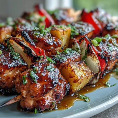 Grilled Pineapple Chicken Skewers with juicy chicken and sweet pineapple chunks sizzling on the grill, perfect for summer BBQs.  