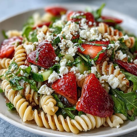 Fresh spring pasta salad with strawberries, feta, and arugula, bursting with sweet berries and tangy cheese in a vibrant green bowl.