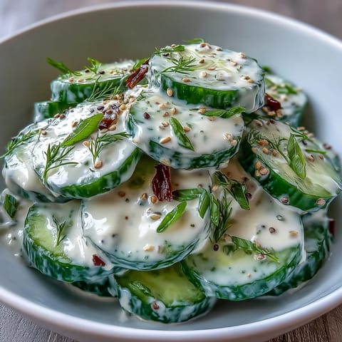 Crisp TikTok Cucumber Salad with Everything Bagel Dressing, a refreshing creamy dill mix.